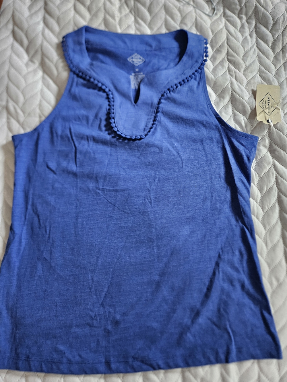St. John's Bay Royal Blue Sleeveless Tank with Notched Pom Trim